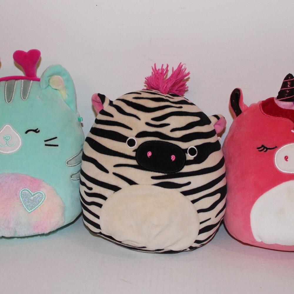 Squishmallows, Lot of 3 , Gal the Unicorn, Tracey the Zebra, Corrina the Cat